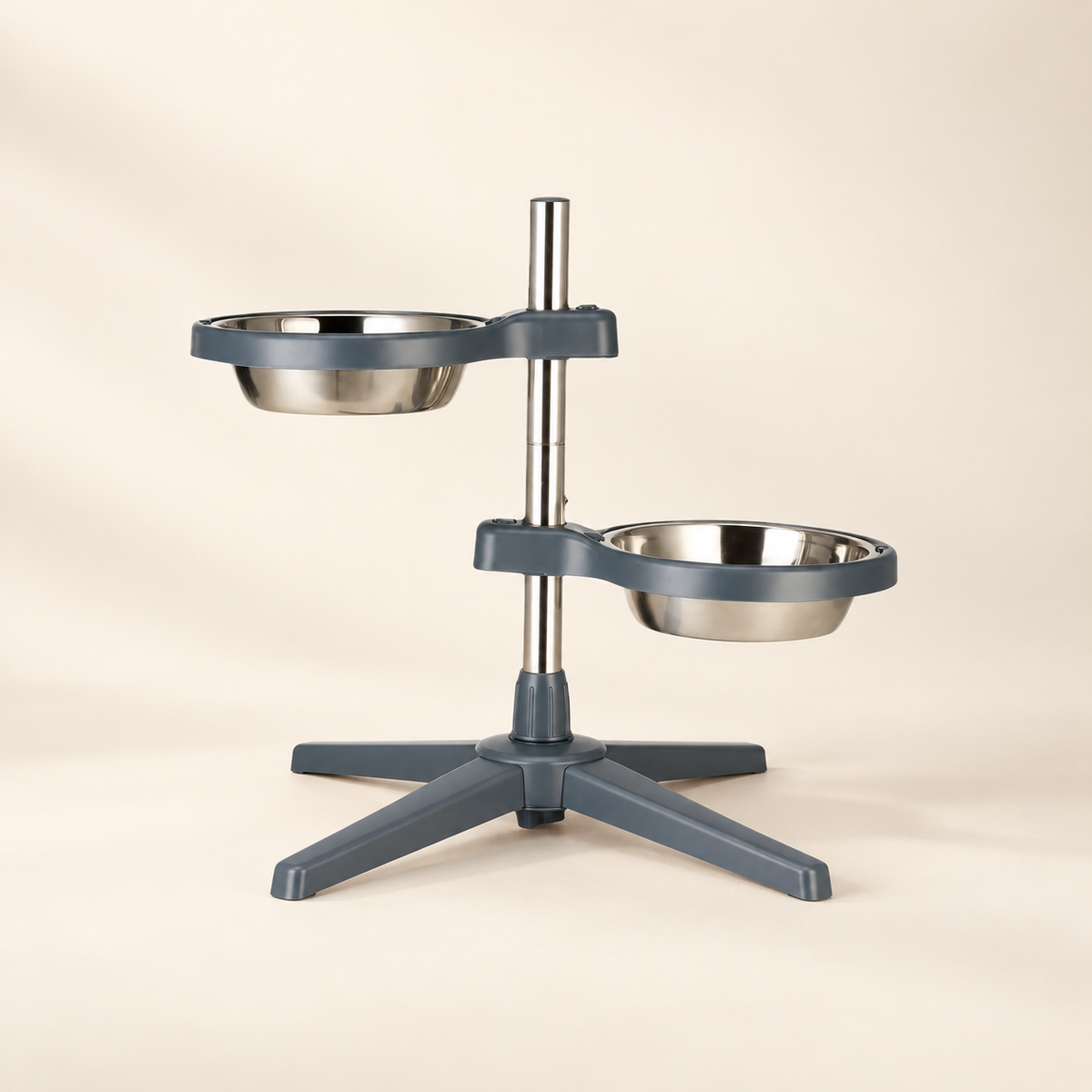 Adjustable double dog feeder with grey supports and two removable stainless steel bowls