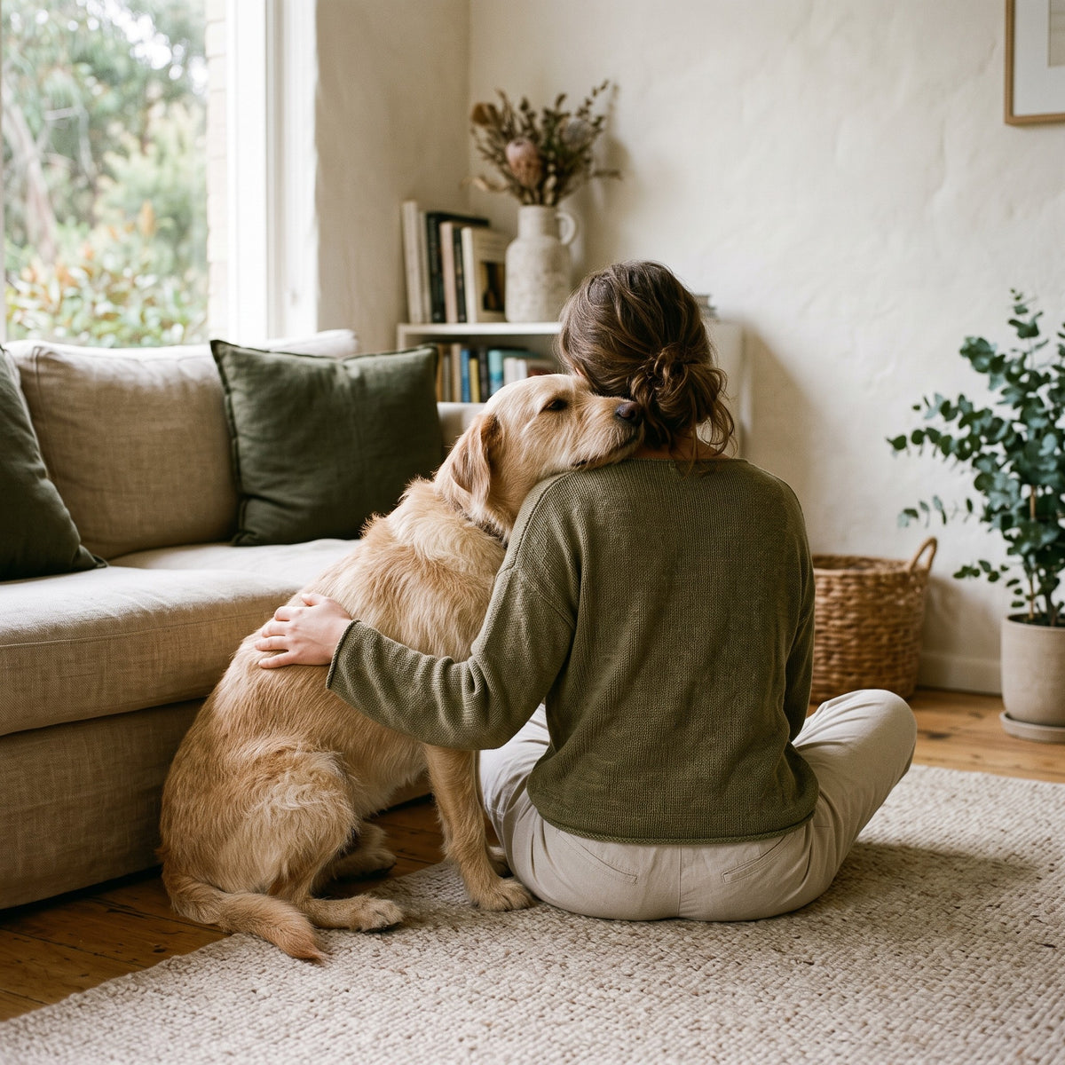 Person sitting on the floor with their arm around a golden dog, seen from behind