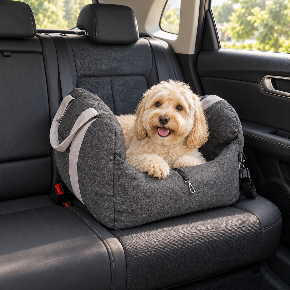 MAVORNE ErsteKlasse elevated dog car seat in a car with a small dog