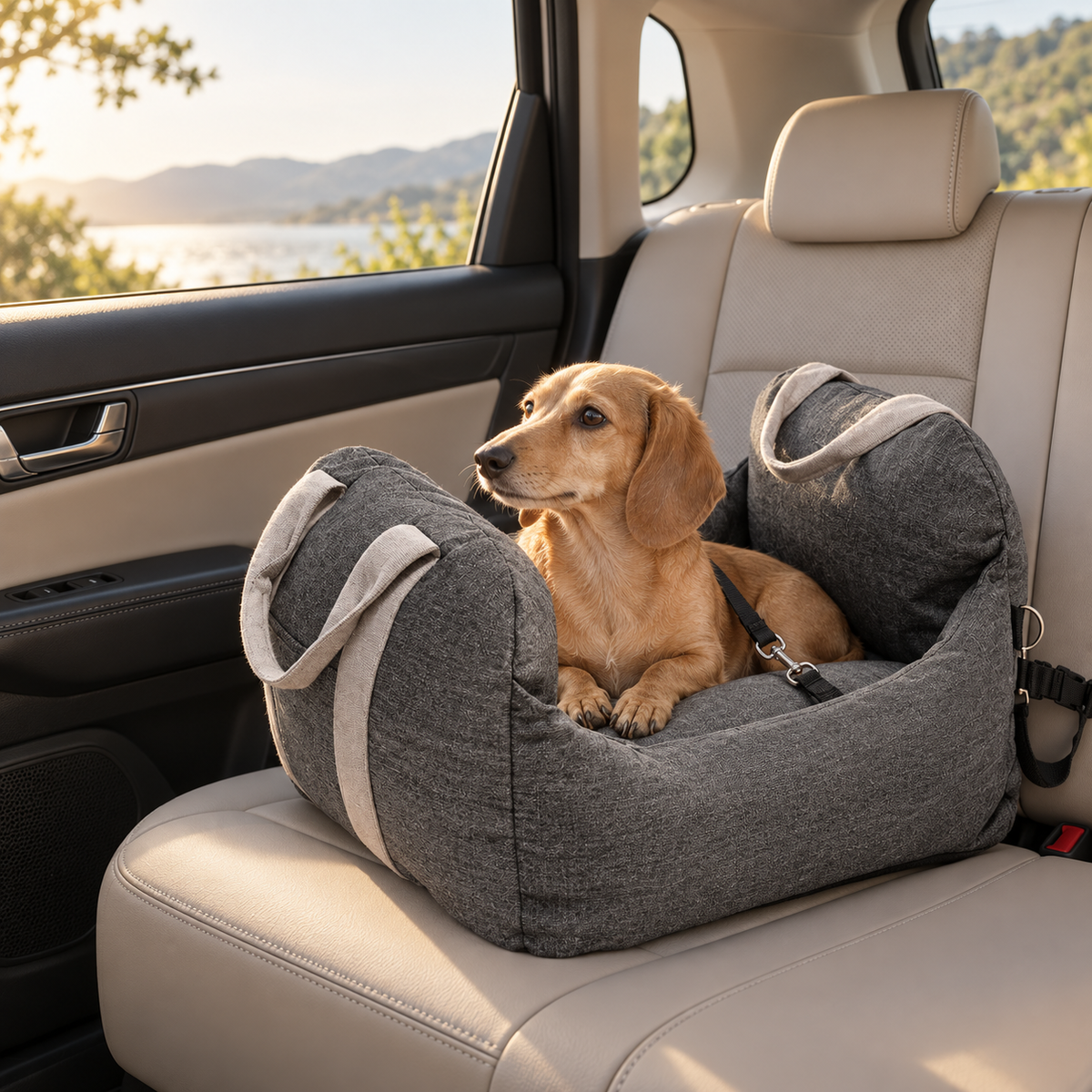 MAVORNE elevated dog car seat in a parked car with a dachshund
