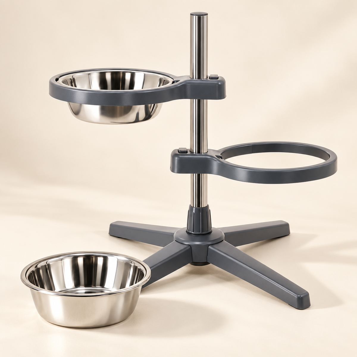 Feeder with one stainless steel bowl removed from its holder
