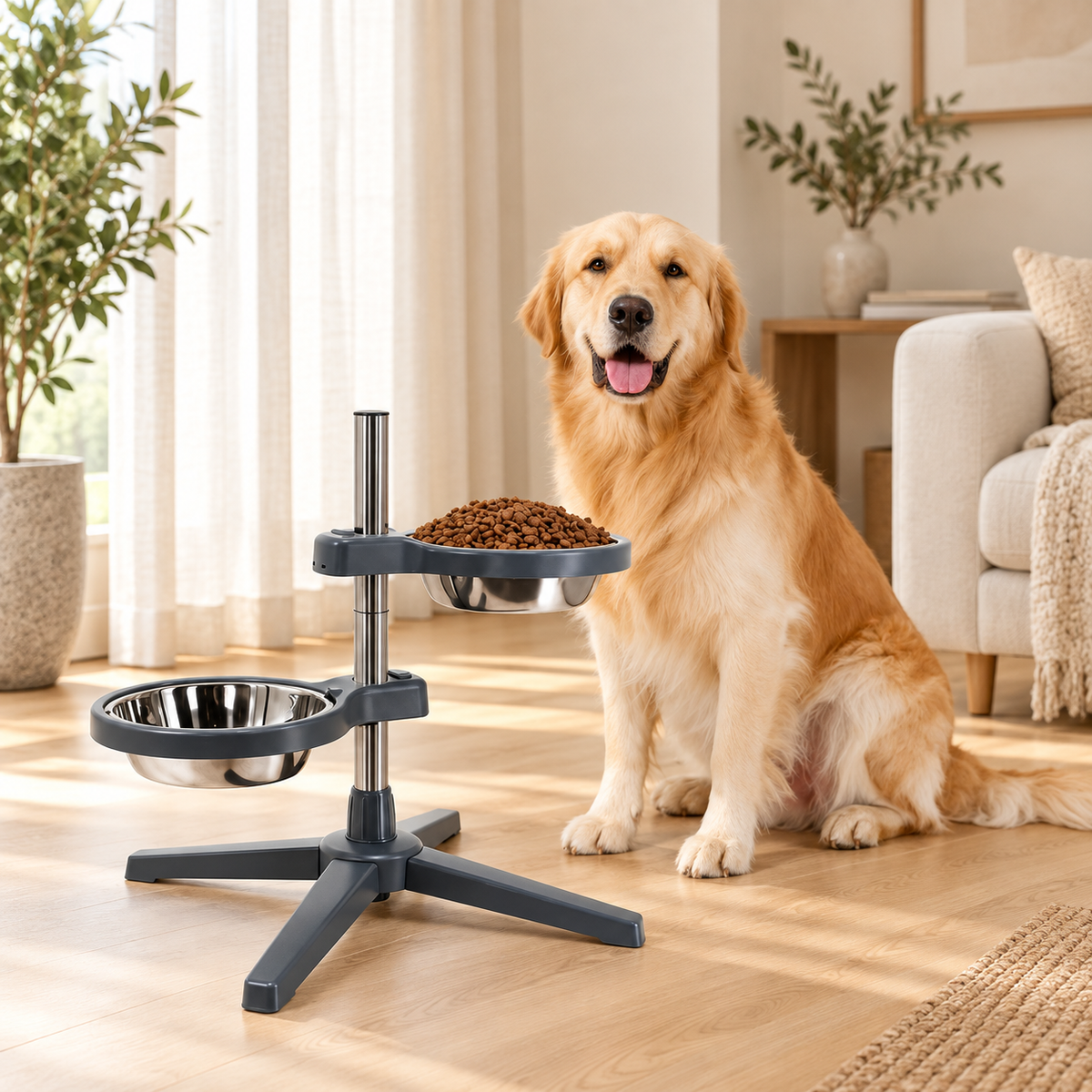Adjustable double feeder beside a golden retriever in a warm neutral home