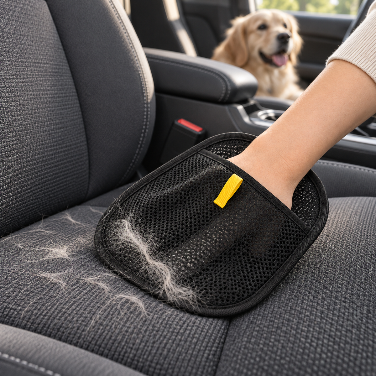 MAVORNE FurLift glove removing dog hair from a fabric car seat