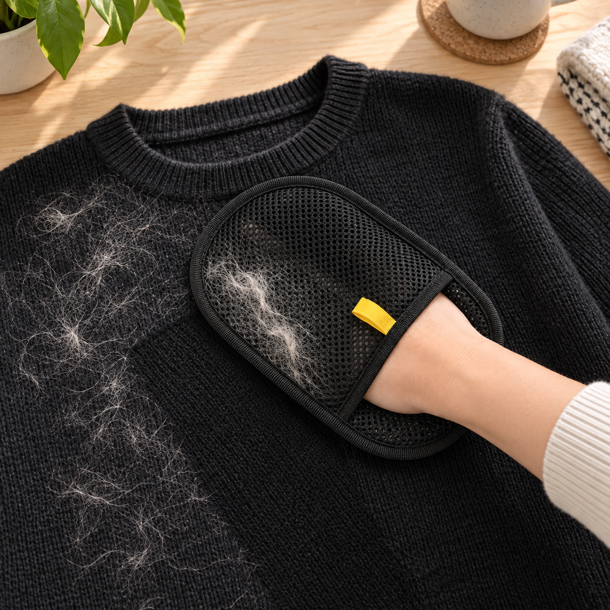 MAVORNE FurLift glove collecting pet hair from a black knit sweater