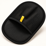 Close-up of the MAVORNE FurLift glove mesh, stitching and yellow pull tab