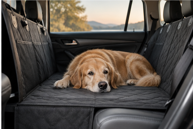 Dog relaxing on MAVORNE RoadNest during a car trip